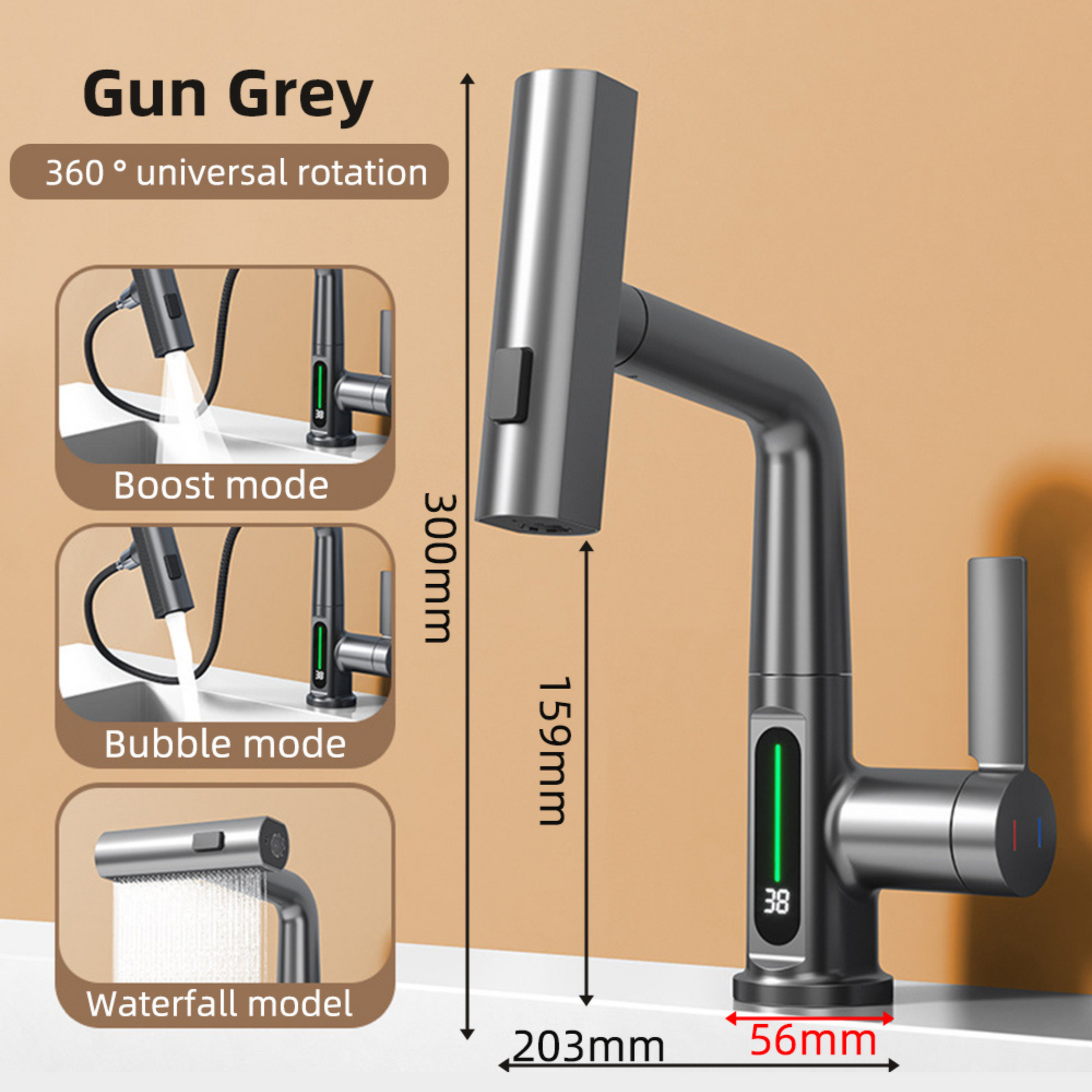 The Beta Essential Waterfall Faucet - VANQUISITE Experience the future of faucet technology. Digital display shows real-time water temperature. Effortlessly switch between hot and cold water. Experience the beauty of a waterfall-like flow. Ideal for bathroom sinks and washbasins. Embrace modern elegance in your bathroom. Easy installation. Perfect as a gift for family or friends.  Gun Grey / Yes, Gun Grey / No, Silvery / Yes, Silvery / No, Black / Yes, Black / No, White / Yes, White / No