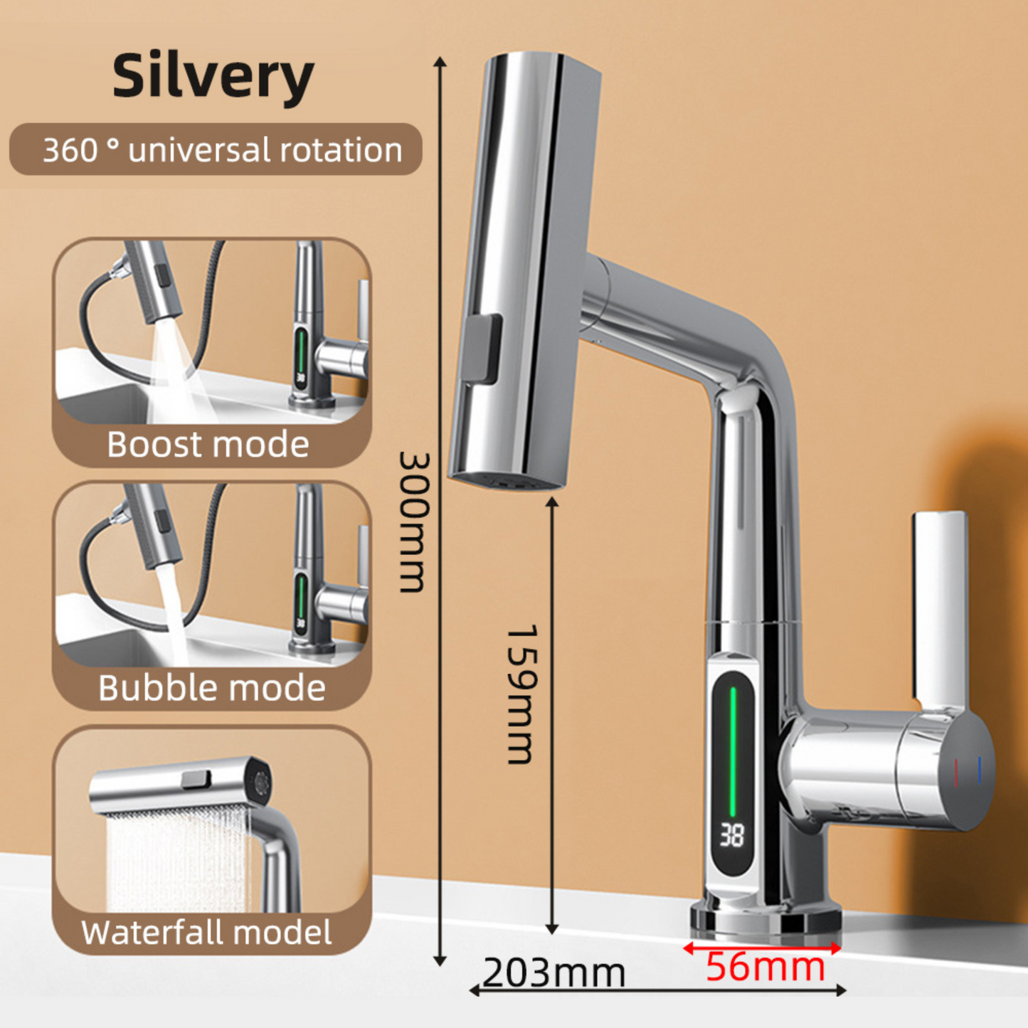 The Beta Essential Waterfall Faucet - VANQUISITE Experience the future of faucet technology. Digital display shows real-time water temperature. Effortlessly switch between hot and cold water. Experience the beauty of a waterfall-like flow. Ideal for bathroom sinks and washbasins. Embrace modern elegance in your bathroom. Easy installation. Perfect as a gift for family or friends.  Gun Grey / Yes, Gun Grey / No, Silvery / Yes, Silvery / No, Black / Yes, Black / No, White / Yes, White / No