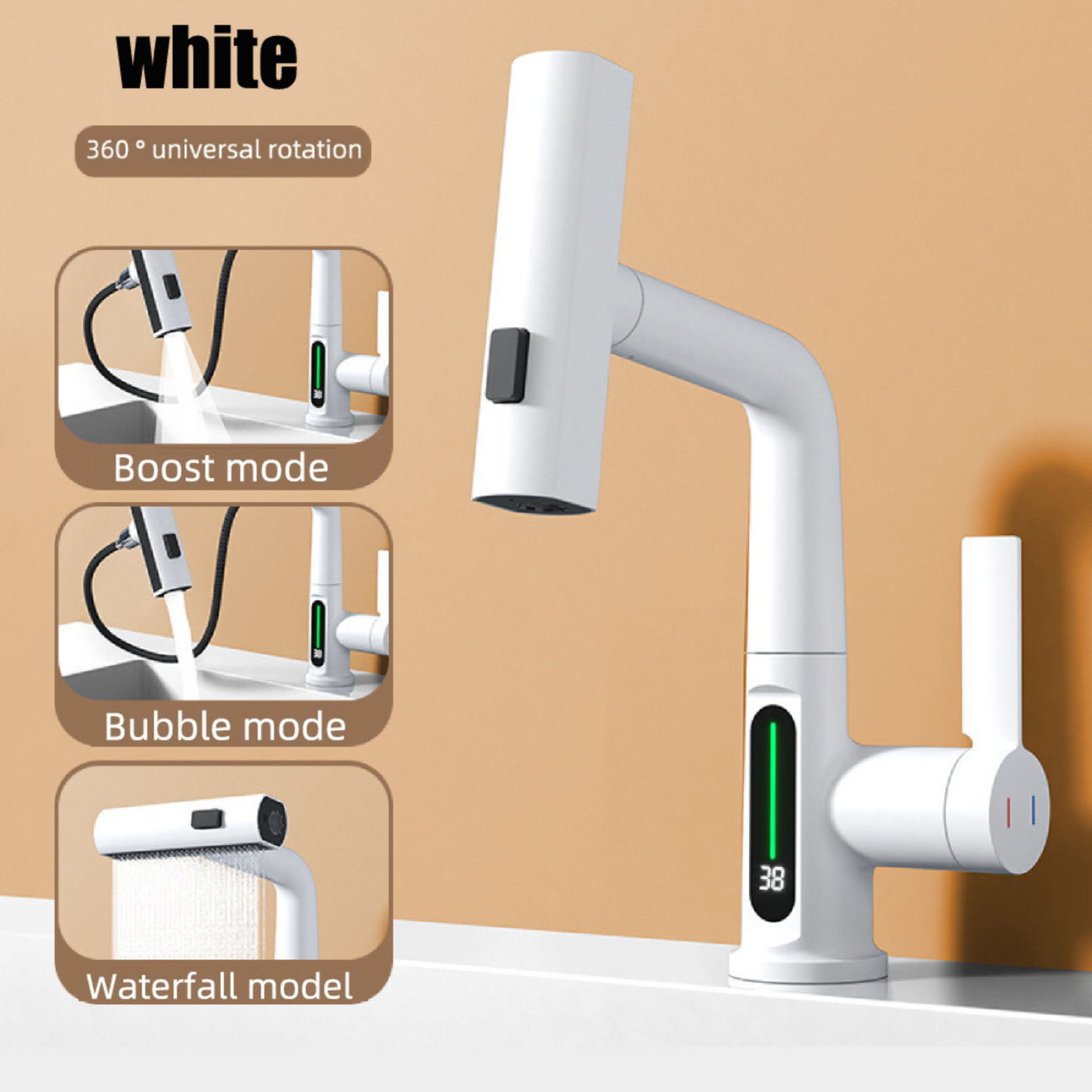 The Beta Essential Waterfall Faucet - VANQUISITE Experience the future of faucet technology. Digital display shows real-time water temperature. Effortlessly switch between hot and cold water. Experience the beauty of a waterfall-like flow. Ideal for bathroom sinks and washbasins. Embrace modern elegance in your bathroom. Easy installation. Perfect as a gift for family or friends.  Gun Grey / Yes, Gun Grey / No, Silvery / Yes, Silvery / No, Black / Yes, Black / No, White / Yes, White / No