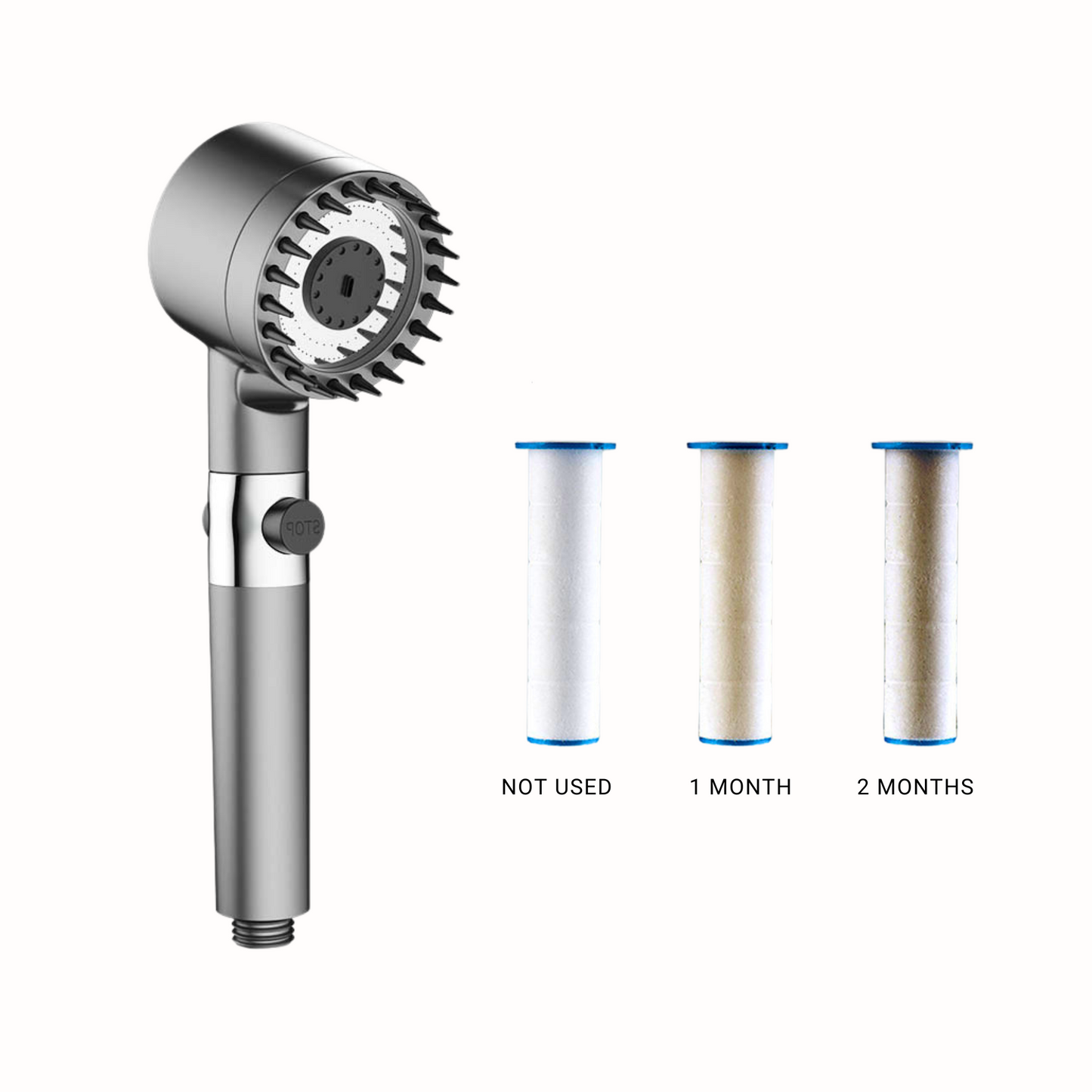 The Pureflow Filtration Showerhead - VANQUISITE Every wellness journey begins with pure water. 200% More Water Pressure. 30% Less Water Waste. Improves Hair and Skin Health. 3 Shower Modes tailored to you. Removes Rust and Mineral Deposits. Your Hair and Skin will Love You. Transform Your Skin and Hair to Radiant and Healthy in as Little as 2 Showers, right in your bathroom! shower head Showerhead + 1 filter, Showerhead + holder, Showerhead + holder + hose (150cm), 1 filter