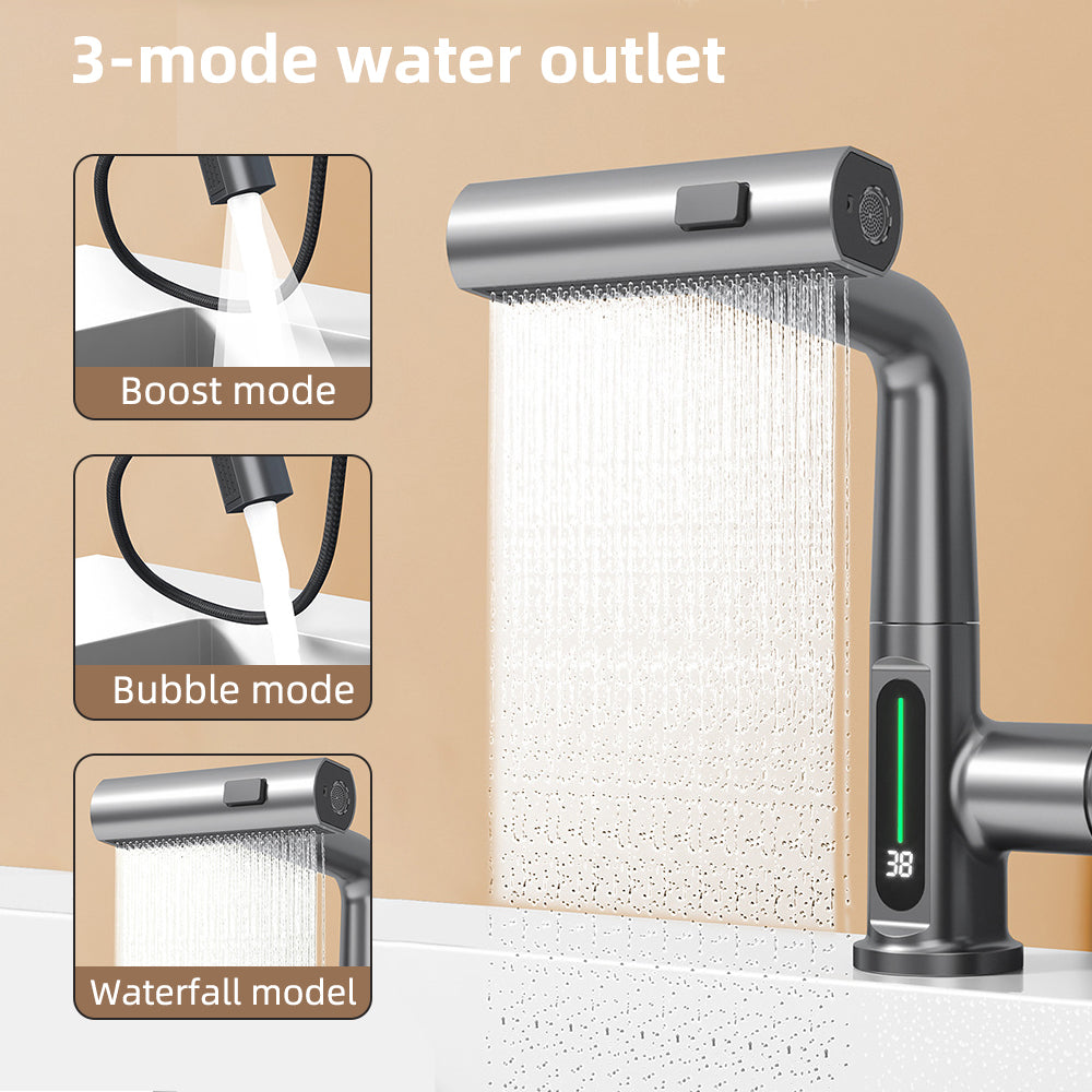 The Beta Essential Waterfall Faucet - VANQUISITE Experience the future of faucet technology. Digital display shows real-time water temperature. Effortlessly switch between hot and cold water. Experience the beauty of a waterfall-like flow. Ideal for bathroom sinks and washbasins. Embrace modern elegance in your bathroom. Easy installation. Perfect as a gift for family or friends.  Gun Grey / Yes, Gun Grey / No, Silvery / Yes, Silvery / No, Black / Yes, Black / No, White / Yes, White / No