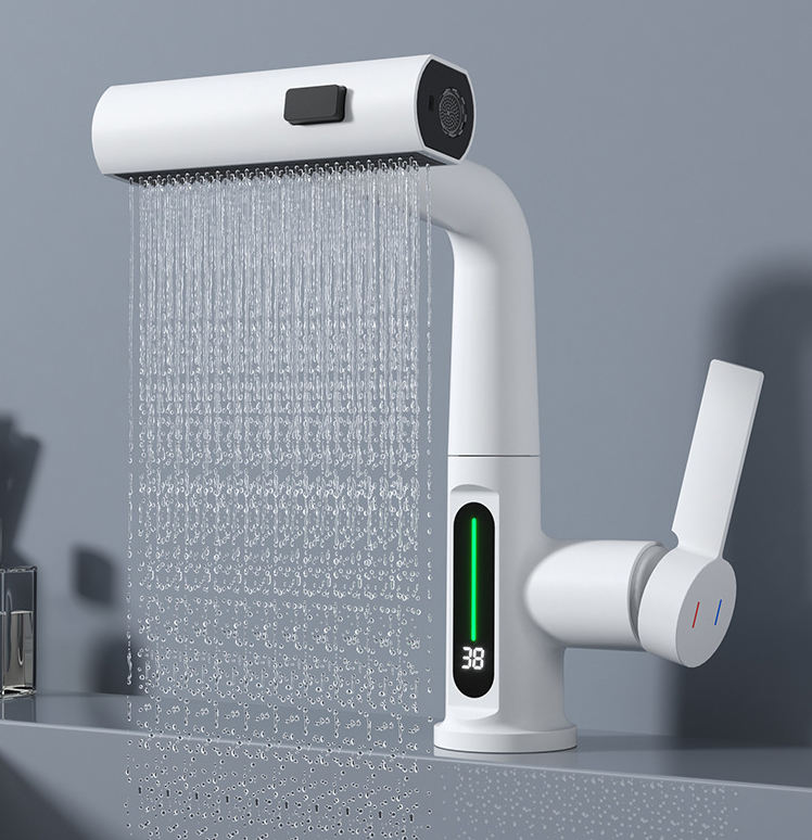 The Beta Essential Waterfall Faucet - VANQUISITE Experience the future of faucet technology. Digital display shows real-time water temperature. Effortlessly switch between hot and cold water. Experience the beauty of a waterfall-like flow. Ideal for bathroom sinks and washbasins. Embrace modern elegance in your bathroom. Easy installation. Perfect as a gift for family or friends.  Gun Grey / Yes, Gun Grey / No, Silvery / Yes, Silvery / No, Black / Yes, Black / No, White / Yes, White / No